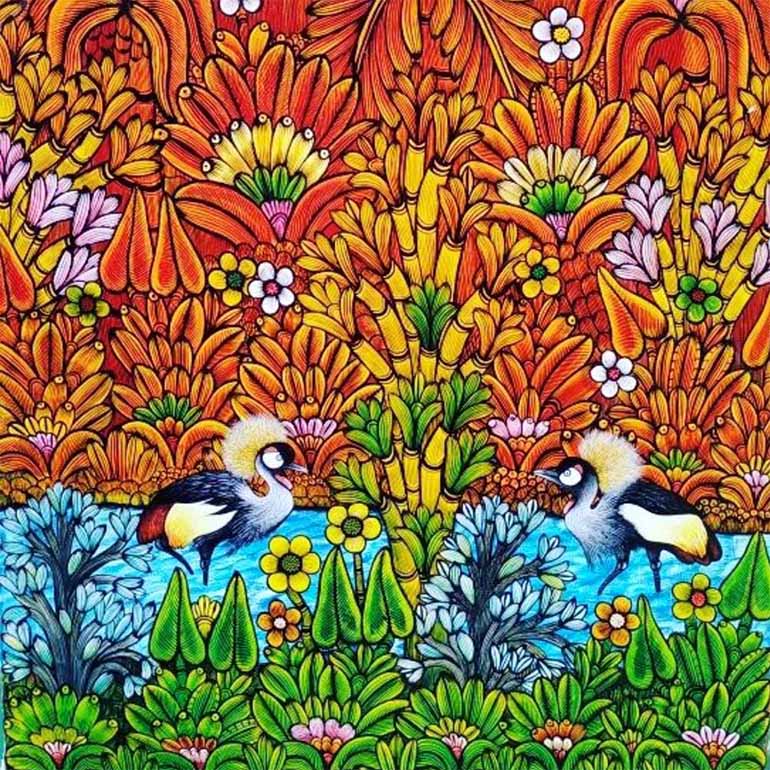 Un cuadro de pájaros en un campo de flores