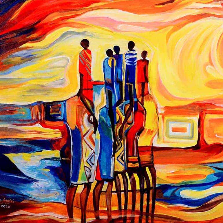 Una pintura de un grupo de personas en un barco