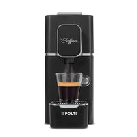 Máquina de café negra imagen frontal con una taza de café