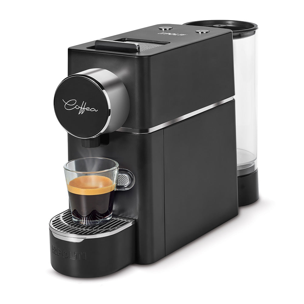 Máquina de café de cápsulas negra de lado con taza de café