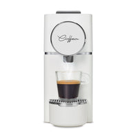 Máquina de café blanca frontal con una taza de café 